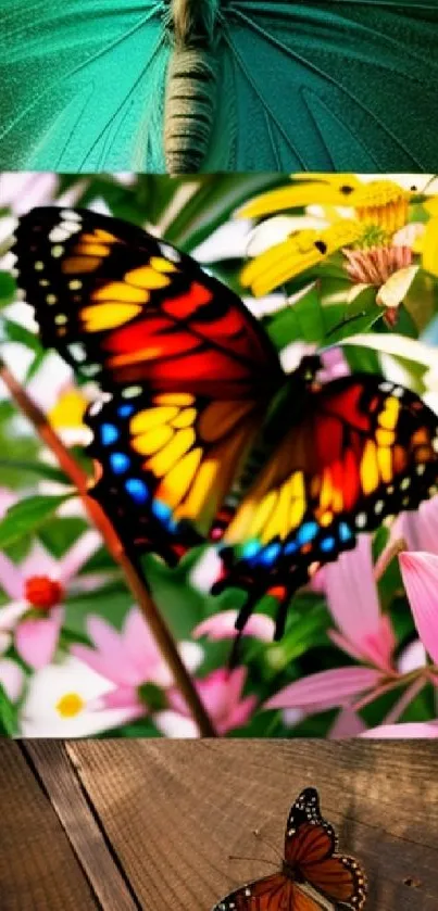 A vibrant butterfly collage with flowers.