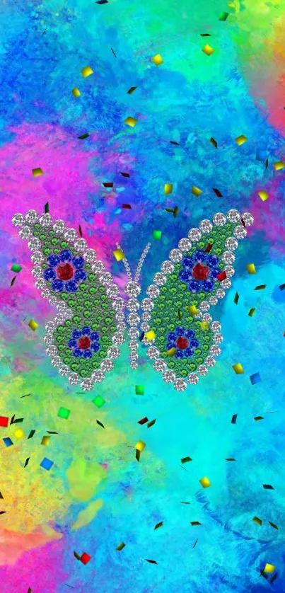 Colorful butterfly wallpaper with gemstones and confetti.