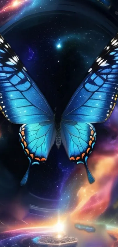 Blue butterfly in cosmic galaxy art.