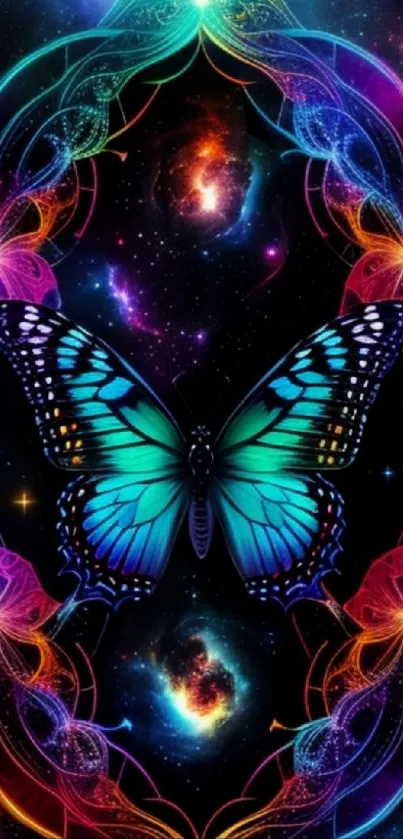 Vibrant butterfly amidst cosmic colorful patterns.