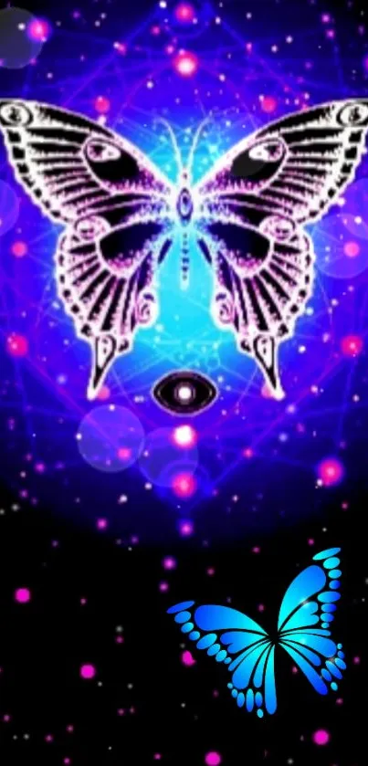 Neon butterfly cosmic art with vibrant colors and mystical elements on a mobile wallpaper.