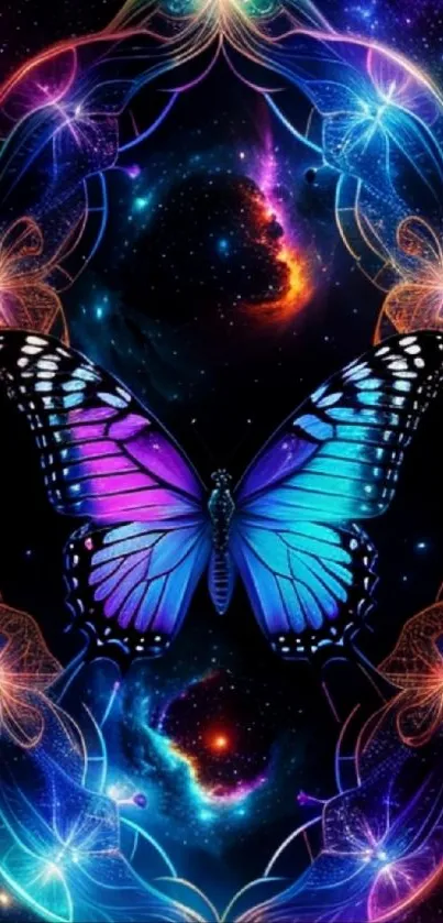 Vibrant butterfly cosmic wallpaper with luminous colors and mystical galaxy background.