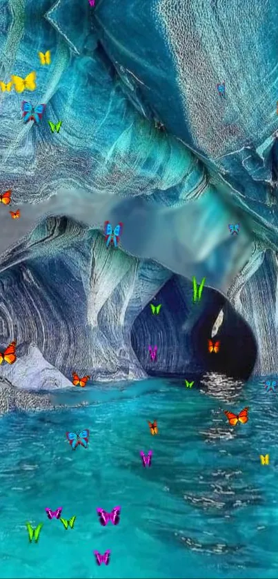 Colorful butterflies flutter in a blue cave.