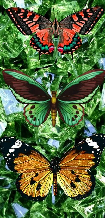 Vibrant butterflies resting on green crystal background wallpaper.