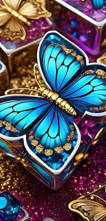 Vibrant blue butterfly on jeweled background, perfect for luxury wallpapers.