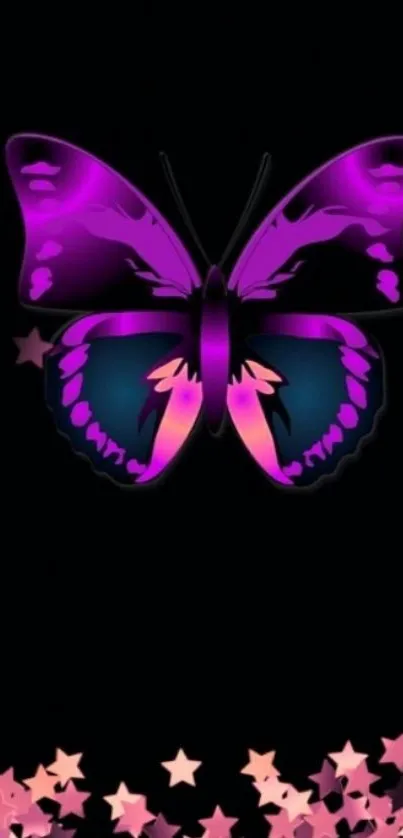 Purple butterfly on black background with colorful stars.