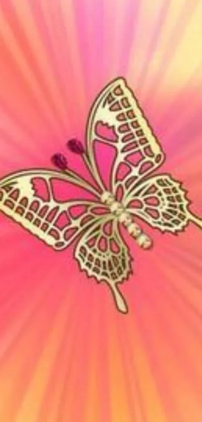 Butterfly design on a vibrant pink and yellow background wallpaper.