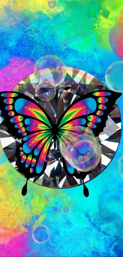 Colorful butterfly on a diamond with vibrant bubbles background.