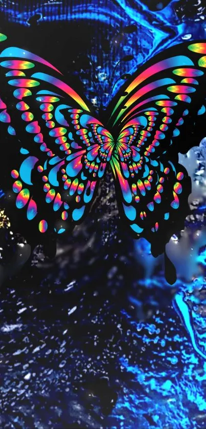 Multicolored neon butterfly on an electric blue abstract background.