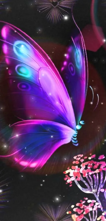 Vibrant purple butterfly digital art on dark background with neon colors.