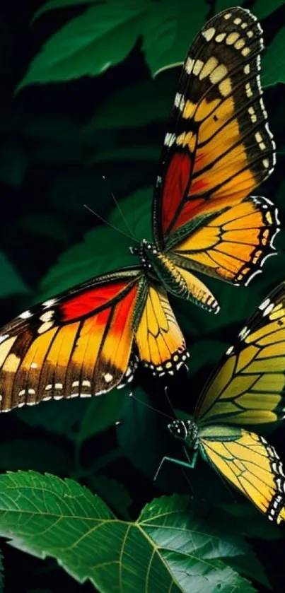 Colorful butterflies gracefully rest on green leaves.