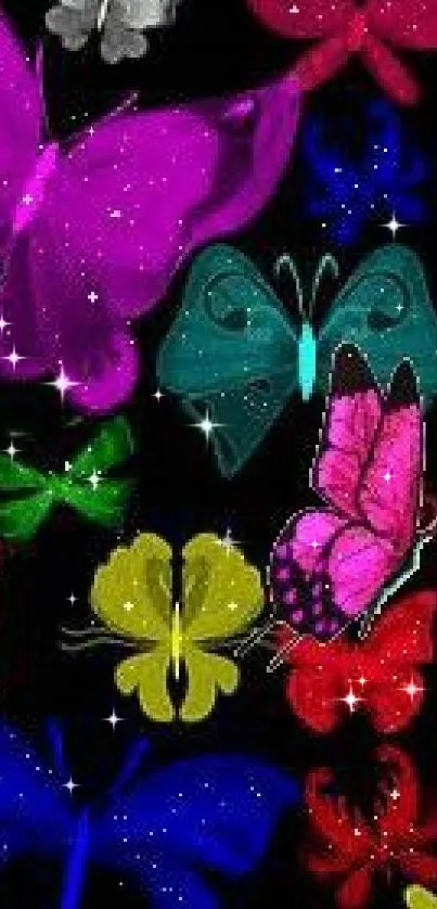 Colorful butterflies on a black background wallpaper.