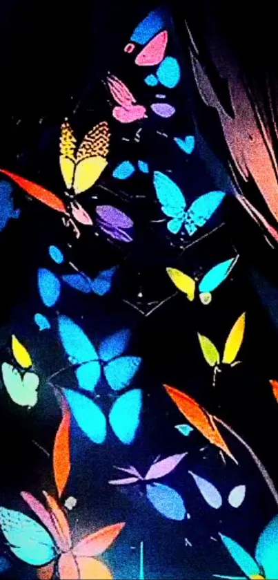 Vibrant butterflies on a black background mobile wallpaper.