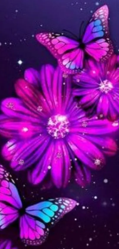 Vibrant purple butterflies and flowers on a dark background.