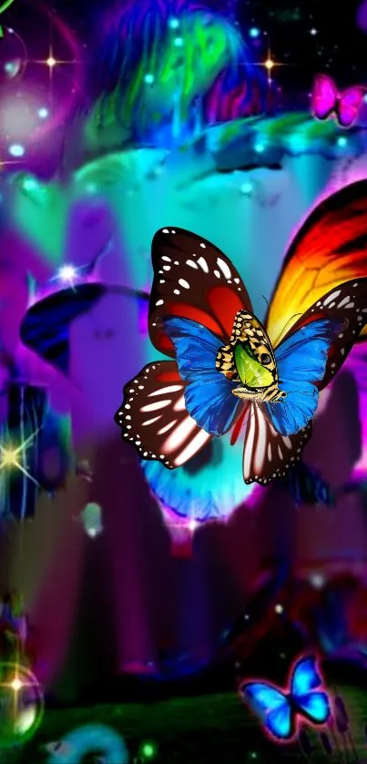 Vibrant neon butterfly on colorful, dreamy wallpaper.