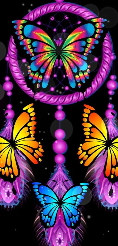 Colorful butterfly dreamcatcher with vibrant colors on a black background.