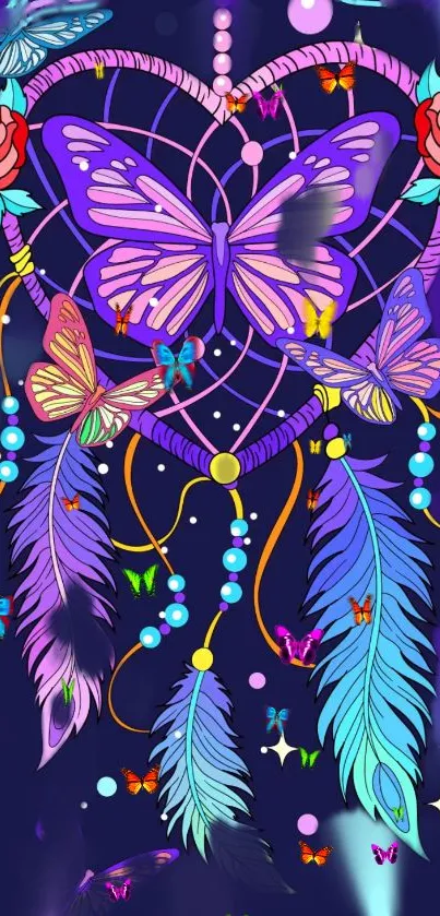 Colorful butterfly dreamcatcher art wallpaper with floral and feather details.