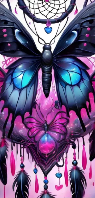 Vibrant butterfly and dreamcatcher art wallpaper with blue and pink colors.