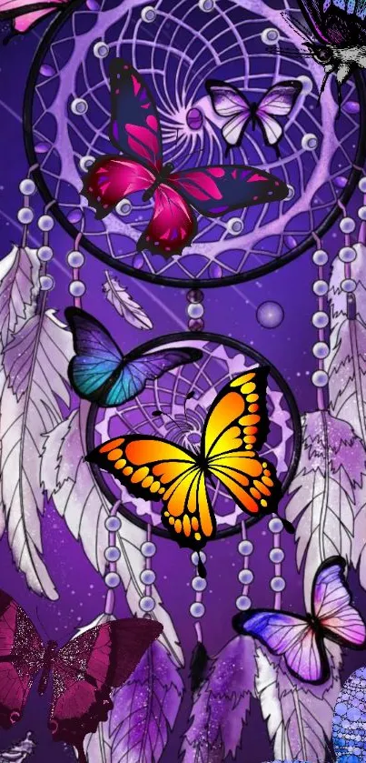 Colorful butterfly dreamcatcher wallpaper on purple background.