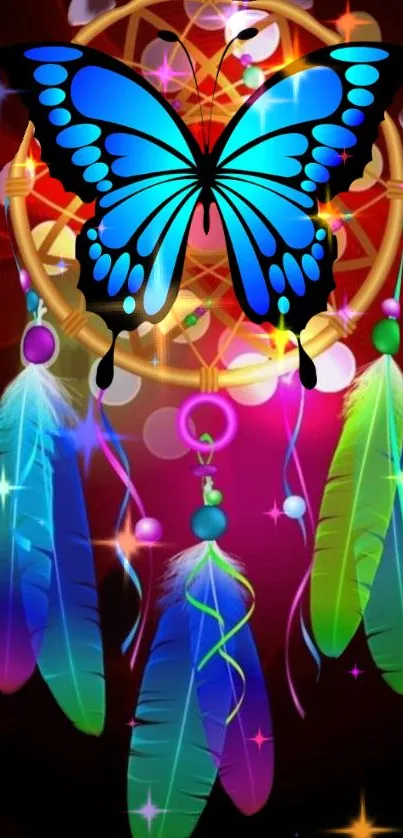 Vibrant butterfly and neon dreamcatcher with colorful feathers.