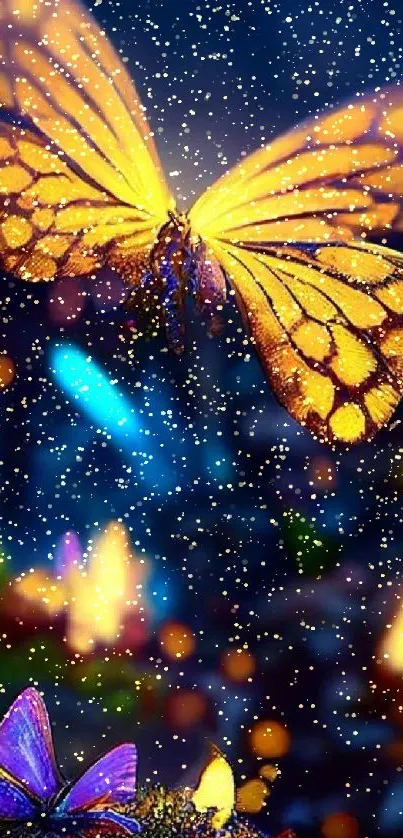 A vibrant butterfly glowing in a fantasy scene with colorful lights.