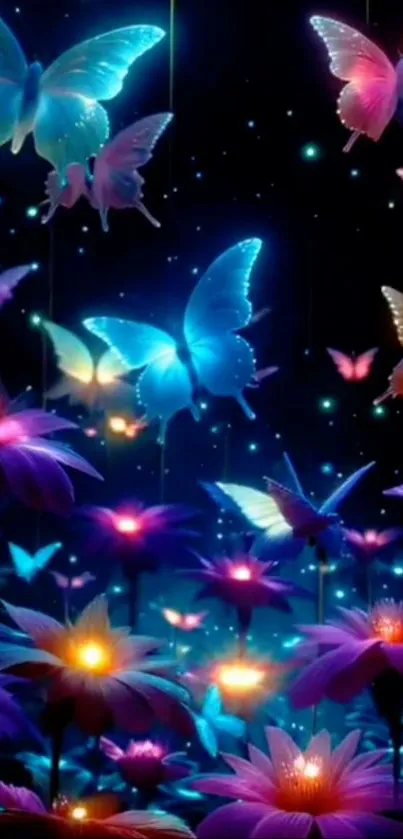 Colorful butterflies and glowing flowers under night sky.