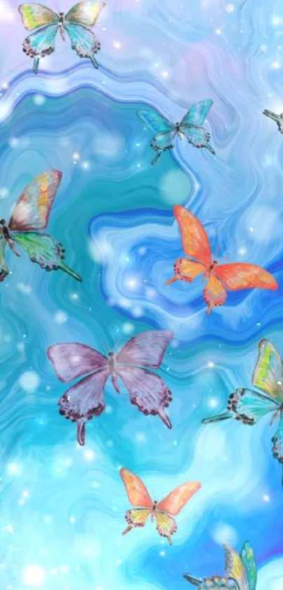 Colorful butterflies on a swirling blue background, creating a dreamlike ambiance.