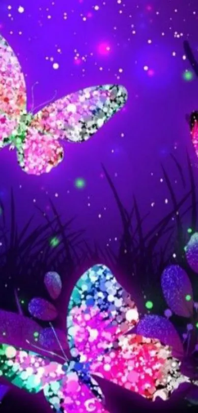 Vivid butterfly dreamscape on a purple background with glowing effects.