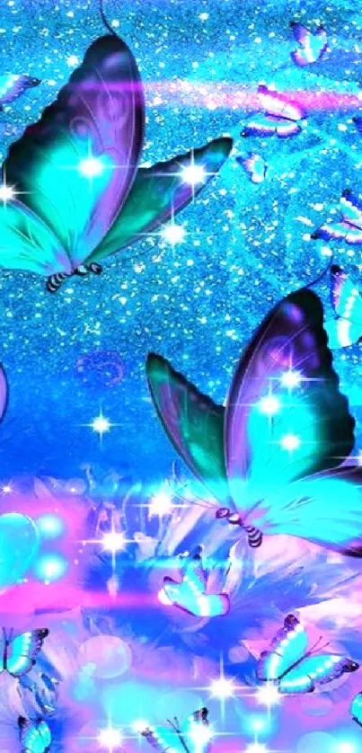 Vibrant blue and purple butterfly wallpaper with glowing stars.