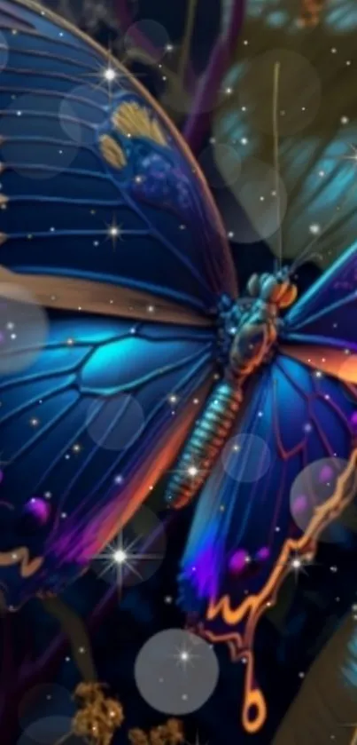 A vibrant blue butterfly amidst magical glowing orbs in a dreamlike scene.