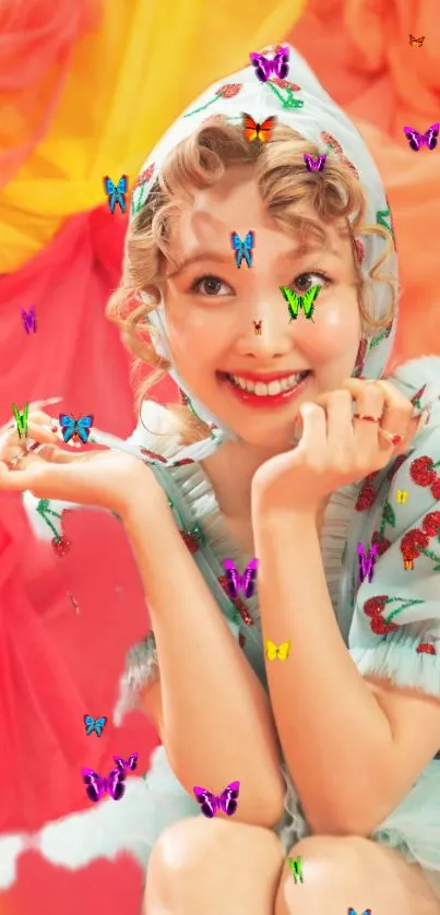 Smiling figure surrounded by colorful butterflies with a vivid background.