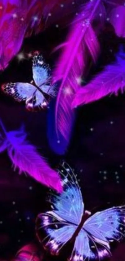 Colorful wallpaper with purple butterflies and feathers.