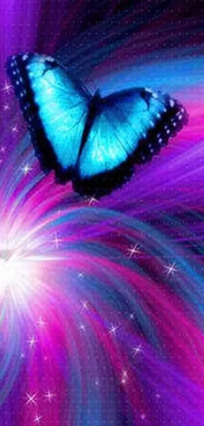 Blue butterfly against a vibrant cosmic swirl.