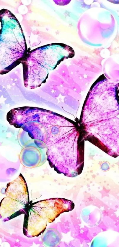 Vibrant butterfly wallpaper with pink stars and pearls.