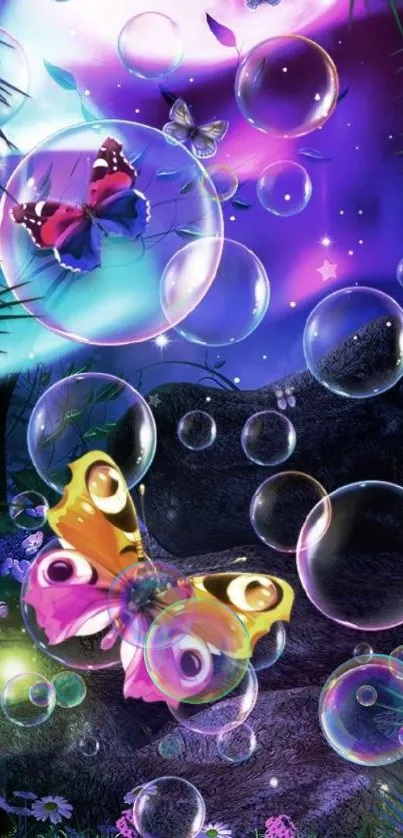 Butterfly dreamscape with bubbles and magical night colors.