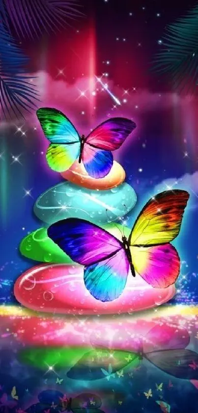 Vibrant butterfly and rainbow rocks in a dreamlike scene.