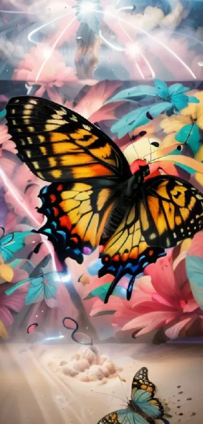 Vibrant wallpaper with butterflies and colorful flowers in a fantasy dreamscape.