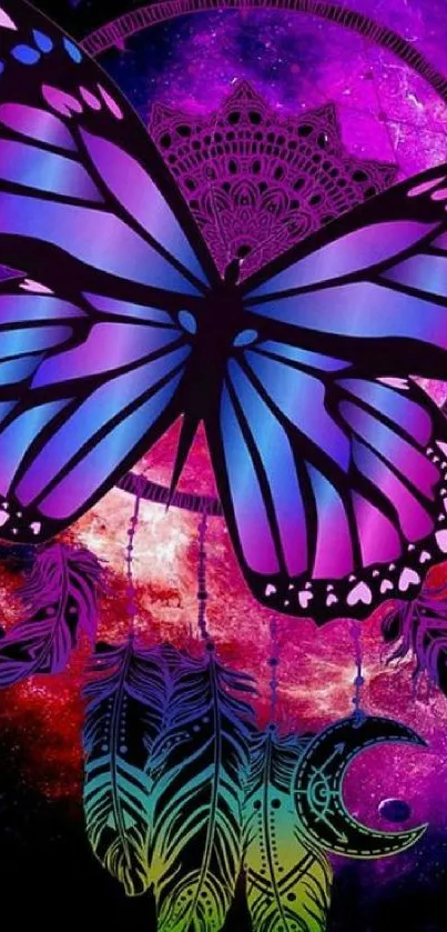 Vibrant butterfly against a cosmic dreamscape wallpaper.