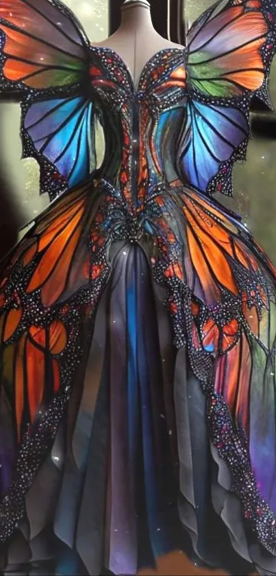 Colorful butterfly-inspired dress art with vibrant wings and intricate details.