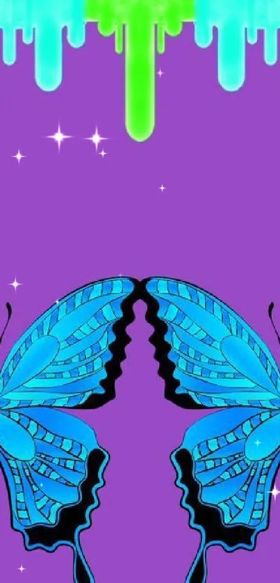 Colorful butterfly wallpaper with purple and drips.