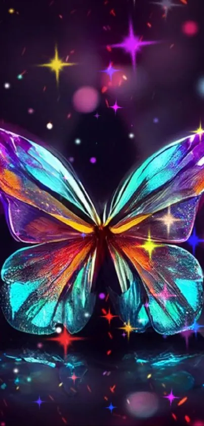 Vibrant, colorful butterfly on a glowing, purple background.