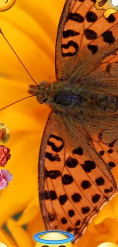 Colorful butterfly and emojis on a vibrant orange background wallpaper.