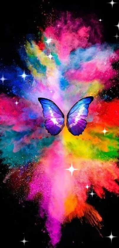 Colorful butterfly explosion on black background, vibrant phone wallpaper.