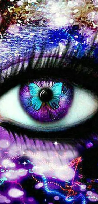 Vibrant purple eye with butterfly and cosmic pattern mobile wallpaper.