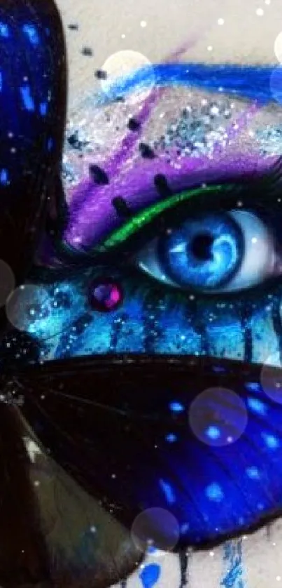 Close-up of face with butterfly makeup in vibrant blue and purple colors.