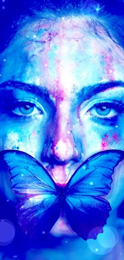 Face with a colorful butterfly overlay on a blue background.