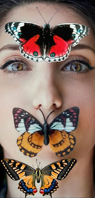 Artistic wallpaper with butterflies on face.