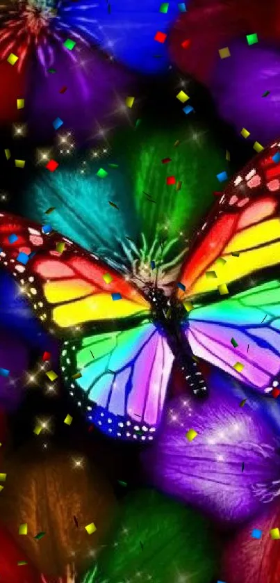 Colorful butterfly on vibrant floral background wallpaper.