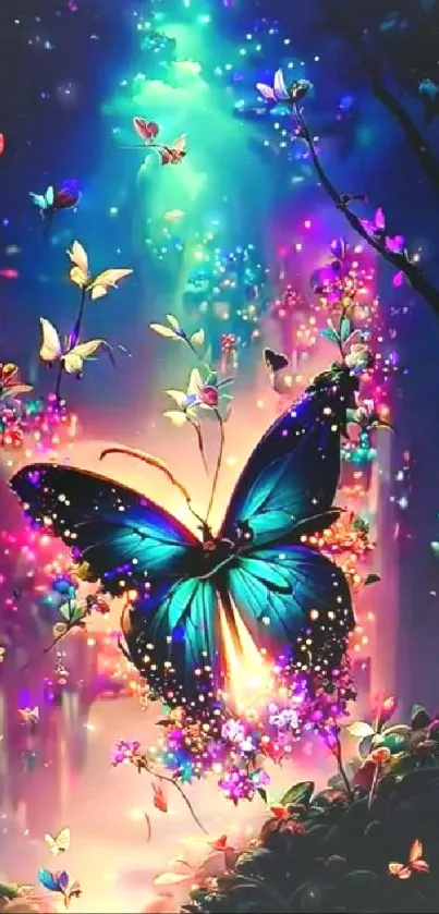 A vibrant, glowing butterfly in a colorful fantasy setting.