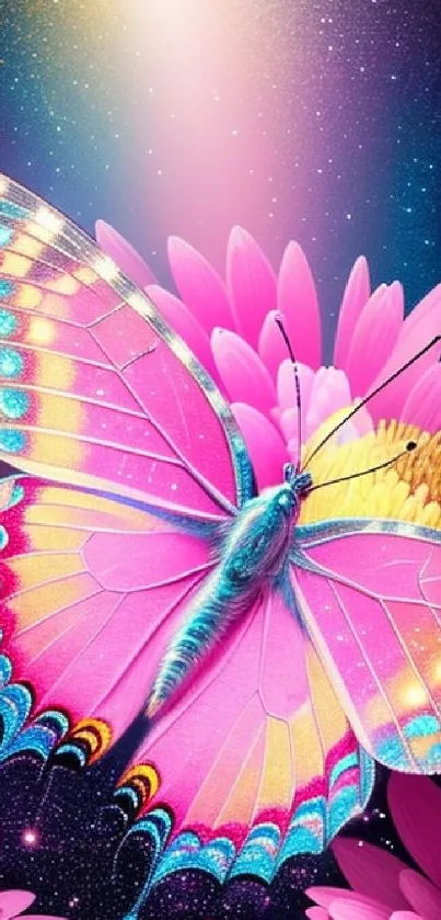 Vibrant butterfly on pink flowers under starry night sky.